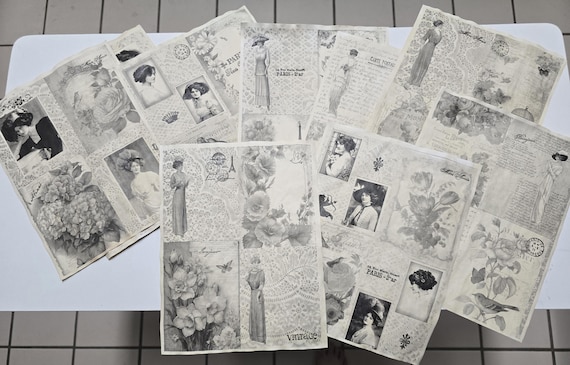 Coffee stained papers, French style papers, lace papers for scrapbooking, junk journals, ephemera. Set of 10 papers.