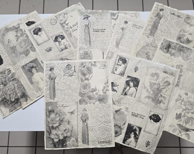 Coffee stained papers, French style papers, lace papers for scrapbooking, junk journals, ephemera. Set of 10 papers.