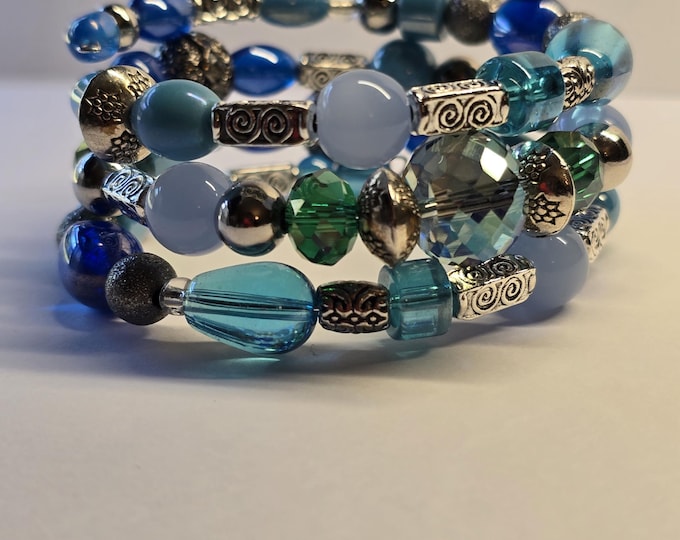 Blue Crystal Memory Wire Bracelet, Beaded Jewelry