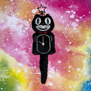 May include: Black plush clock cat keychain with a red bow tie and a star on top. The clock face is black with white hands and numbers.