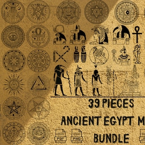 May include: A set of 39 black and white illustrations of ancient Egyptian symbols, gods, and goddesses. The illustrations are in a circular or square format and include an eye of Horus, an ankh, a scarab beetle, and a pyramid.
