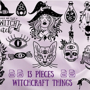 Könnte beinhalten: Ein Set mit 13 Schwarzweißillustrationen mit Hexenthemen. Die Illustrationen beinhalten eine Hexe, eine Katze, einen Schädel, eine Schlange, eine Hand, die eine Kristallkugel hält, eine Flasche mit einem Pentagramm, eine Kerze, ein Buch, ein Bonbon, ein Auge, einen Pilz und ein Pentagramm.