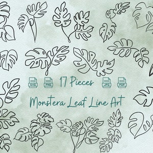 Monstera Leaf Line Art Digital Bundle, Plik cyfrowy, Rysunek liścia Monstera Svg, Pomysł na dekorację boho, Monstera Leaf Line Art Svg, PNG, PDF, JPEG