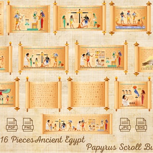 May include: A set of 16 digital printable images of ancient Egyptian papyrus scrolls. The scrolls feature various scenes and hieroglyphics, including a weighing of the heart ceremony, a scene with a goose, and a scene with a bird.
