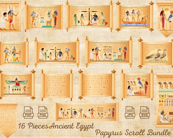 May include: A set of 16 digital printable images of ancient Egyptian papyrus scrolls. The scrolls feature various scenes and hieroglyphics, including a weighing of the heart ceremony, a scene with a goose, and a scene with a bird.