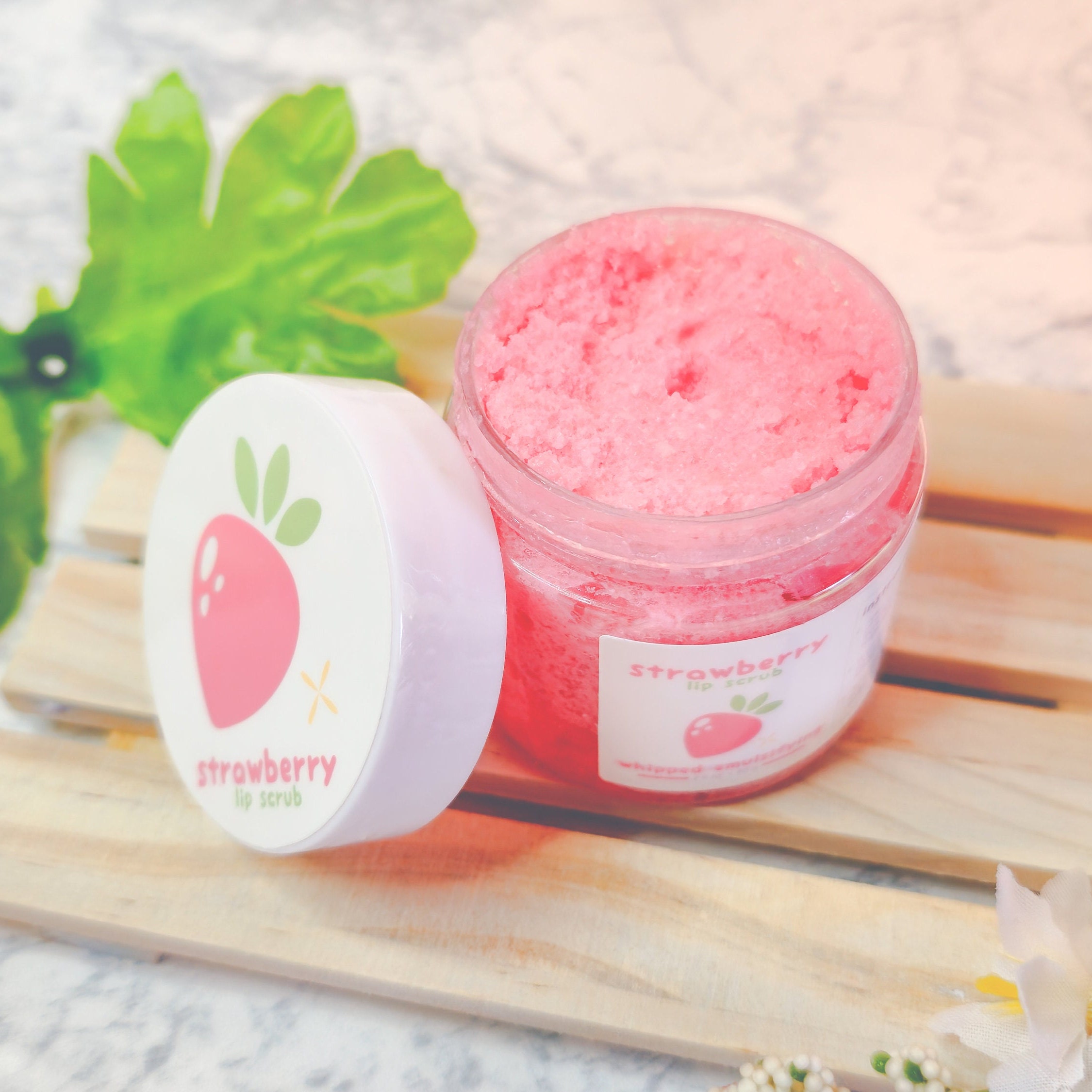 Strawberry Flavored Whipped Emulsifying Sugar Lip Scrub, with Shea and Jojoba, Exfoliating, Nourishing, and Moisturizing Lip Care