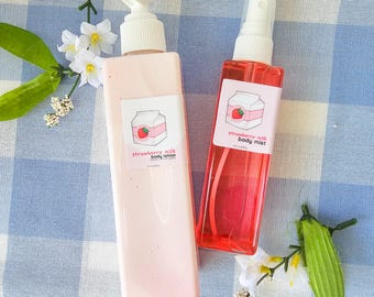 Strawberry Mochi Milk Scented Self Care Bath Bundle with Lotion and Body Spray, Powdery and Sweet Strawberry Fragranced Gift Set