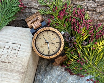 Pirin - Montre en bois pour lui, gravure personnelle gratuite, cadeau personnalisé parfait pour la fête des pères, anniversaire, anniversaire, respectueux de l'environnement