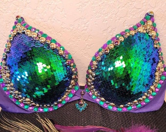 Mermaid Bra Top.Rave bra.Siren costume bra made with Victoria Secret bra size 34B.Custom made festival bra adorned with beads,Rhinestones.