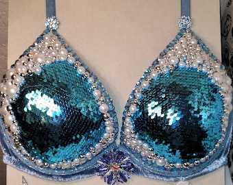 Mermaid Bra Top.Siren bra made with NWT Victoria Secrets bra size 32DD.Snowflakes,beads and rhinestone detail.Detachable pendant.Rave bra