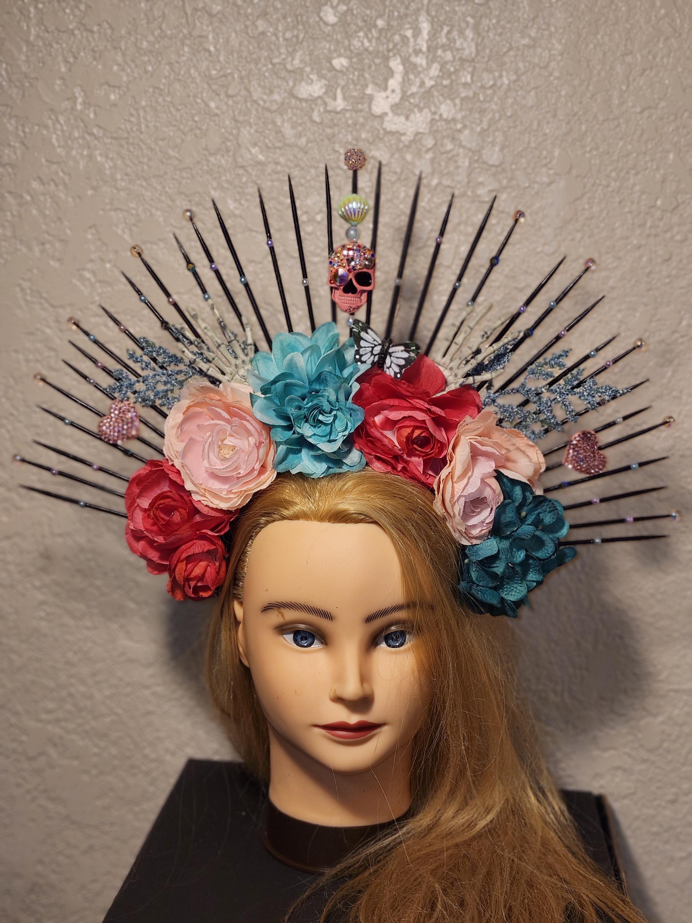 Gothic•Handmade Tiara•Thorns and Roses •Day Of The Dead MOSTORY Handmade Black Mexican Flower Crown for Witch Gold  main image 4