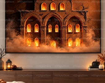 Puede incluir: Un arte mural digital que muestra una mansión embrujada de estilo gótico con ventanas arqueadas que brillan con una cálida luz naranja, rodeada de niebla espesa, telarañas y pequeños murciélagos sobre una fachada de piedra oscura.