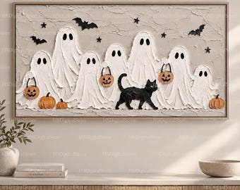 Halloween Frame TV Art, Textured Ghosts, Black Cat & Pumpkins, Samsung 4K Digital Download