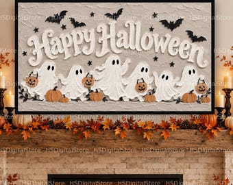 Arte para marco de TV de Halloween, Arte de fantasmas de Feliz Halloween, Decoración de calabaza con textura 3D, Arte para marco Samsung espeluznante y lindo, Descarga digital