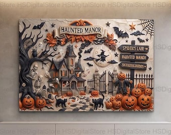 Peut inclure: Une œuvre d'art murale rectangulaire représentant un manoir hanté avec une maison effrayante, des squelettes, des chats noirs, des citrouilles et un panneau indiquant HAUNTED MANOR, SPIDER'S LAIR et GHOSTLY GROUNDS, en relief texturé.