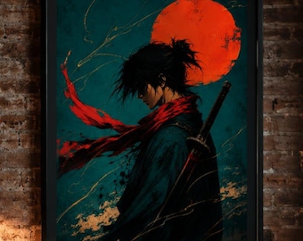 Teal Ronin Samurai Art, Manga Inspired Warrior Print (Digital Download)