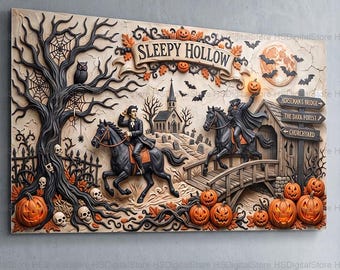Puede incluir: Un cuadro rectangular con una ilustración en relieve de Sleepy Hollow. La escena muestra a un jinete sobre un caballo negro, un jinete sin cabeza en un puente, un árbol grande con telarañas, una iglesia, lápidas y calabazas de color naranja.