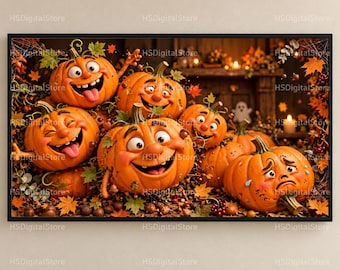 May include: A rectangular wall art print featuring a group of orange pumpkins with expressive cartoon faces, including laughing and sad expressions, surrounded by autumn leaves, acorns, and berries in a dark, dimly lit setting with candlelight.