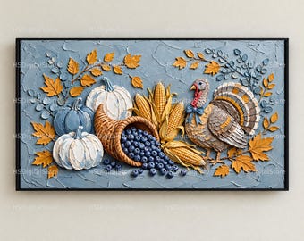 May include: A rectangular wall art piece featuring a textured blue background with a Thanksgiving theme. It displays two white pumpkins, a cornucopia overflowing with blueberries, three ears of corn, and a turkey wearing a blue bow tie.