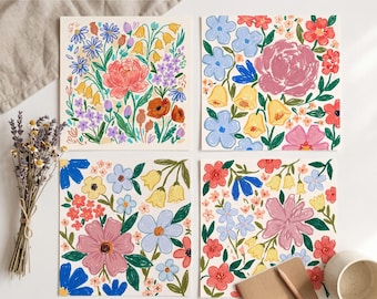 Set of 4 Floral Art Prints, Oil Pastel Wildflower Decor (Digital Download)