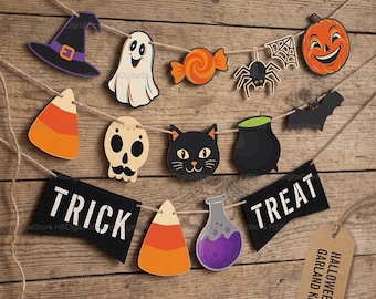 Puede incluir: Un kit de guirnalda de Halloween con recortes de un sombrero de bruja morado, fantasma blanco, caramelo naranja, araña, telaraña, calabaza, maíz dulce, calavera, gato negro, caldero, murciélago, botella de poción y banderas con TRICK TREAT.