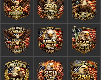 Peut inclure: Neuf motifs patriotiques avec un aigle chauve, un drapeau américain et le chiffre 250. Chaque motif commémore le 250e anniversaire des États-Unis, avec les dates 1776-2026. Les motifs sont en or, rouge, blanc et bleu.