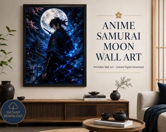 Utskrivbar väggkonst för anime-samurai, månkrigare-affisch, japansk spelrumsdekor