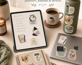 Peut inclure: Une collection d'autocollants en vinyle adhésif sur le thème de la productivité et du bien-être, incluant des illustrations d'horloge, de lampe, de carnet, de tasse, de gourde, de bougie et de casque, avec des textes comme Focus Sprint et Deep Work.