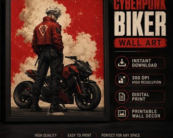 May include: A framed wall art print featuring a character in a red jacket and black pants standing next to a motorcycle against a red and white cloud background. The text reads CYBERPUNK BIKER WALL ART, INSTANT DOWNLOAD, 300 DPI HIGH RESOLUTION, DIGITAL PRINT, PRINTABLE WALL DECOR, HIGH QUALITY, EASY TO PRINT, PERFECT FOR ANY SPACE.