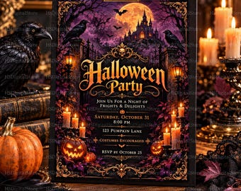 Puede incluir: Un letrero rectangular de invitación a una fiesta de Halloween con un castillo gótico, luna llena, cuervos y calabazas. El texto dice: Halloween Party, Join Us For A Night Of Frights & Delights, Saturday, October 31, 8:00 PM, 123 Pumpkin Lane.
