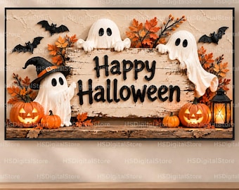 May include: A rectangular wall art piece featuring a weathered wooden sign with the text Happy Halloween in black lettering. Three white ghosts, two orange jack-o'-lanterns, black bats, autumn leaves, and a black lantern are displayed.