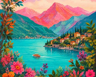 Peut inclure: Une peinture de paysage vibrante représentant un lac turquoise entouré de montagnes roses et bleues. Un petit bateau traverse l'eau vers un village à flanc de colline aux toits en terre cuite, encadré par des fleurs colorées au premier plan.