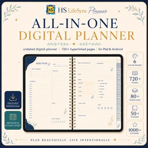 May include: An undated digital planner titled HS LifeSync Planner featuring 720+ hyperlinked pages for iPad and Android. The interface displays a daily plan layout with sections for priorities, schedule, to-do list, meals, self-care, and mood tracking.
