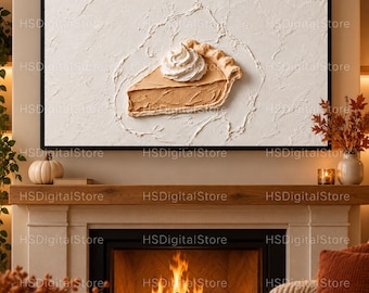 May include: A rectangular wall art piece featuring a textured, impasto-style painting of a single slice of tan-colored pie topped with a dollop of white whipped cream, set against a cream-colored background within a thin black frame.