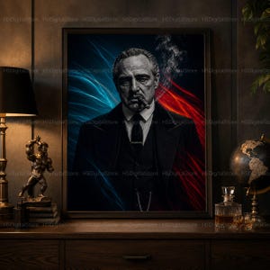 May include: A framed wall art print featuring a portrait of a man in a dark suit and tie, smoking a cigar. The background displays swirling blue and red light effects. The man has a stern expression and is wearing a white collared shirt.