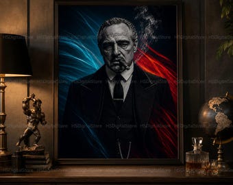 Peut inclure: Une impression d'art encadrée représentant le portrait d'un homme en costume sombre et cravate, fumant un cigare. L'arrière-plan affiche des effets de lumière tourbillonnants bleus et rouges. L'homme a une expression sévère et porte une chemise blanche.