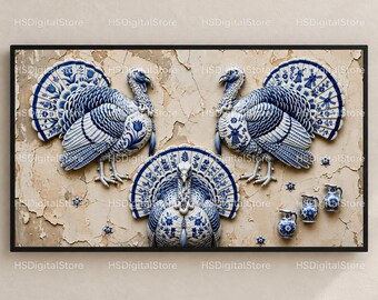 Thanksgiving Frame TV Art, Blue and White Delft Style Turkeys, 4K Digital Download