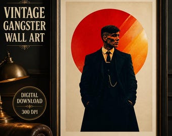 Peut inclure: Une affiche murale encadrée représentant un homme en manteau sombre, gilet et cravate devant un grand cercle rouge et orange. Le texte VINTAGE GANGSTER WALL ART et DIGITAL DOWNLOAD 300 DPI est visible sur le côté gauche de l'image.