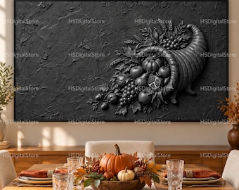 May include: A rectangular wall art piece featuring a monochromatic black relief sculpture of a cornucopia overflowing with various fruits, grains, and leaves, set against a textured black background within a thin black frame.