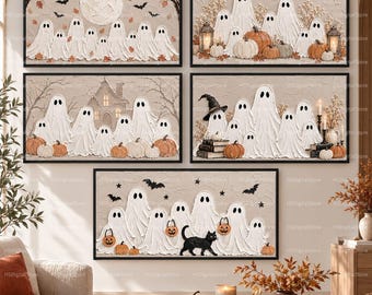 Peut inclure: Un ensemble de cinq tableaux muraux rectangulaires représentant des fantômes blancs texturés sur fond beige. Les scènes incluent des citrouilles, des chauves-souris, une maison hantée, des lanternes, un chat noir et des feuilles d'automne.