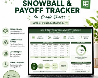 May include: A digital debt tracker for Google Sheets displayed on a laptop screen. The interface features a dark green and white color scheme with tables, progress charts, and summary boxes for total debt, total paid, and debt-free timelines.