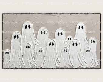 Peut inclure: Une œuvre d'art murale rectangulaire présentant un fond gris clair texturé avec un groupe de fantômes blancs peints dans un style empâtement épais. Chaque fantôme a deux yeux ovales noirs. L'œuvre est encadrée par un fin cadre noir.