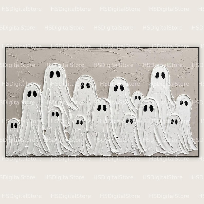 May include: A rectangular wall art piece featuring a textured light gray background with a group of white ghost figures painted in thick impasto style. Each ghost has two black oval eyes. The artwork is enclosed in a thin black frame.