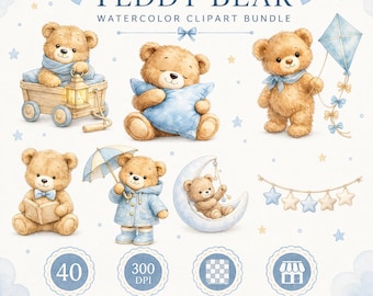 May include: A digital watercolor clipart bundle titled TEDDY BEAR WATERCOLOR CLIPART BUNDLE featuring illustrations of brown teddy bears with blue accents, including bears in a wagon, holding a pillow, a kite, a book, an umbrella, and on a moon.