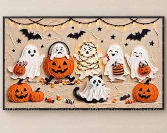 May include: A textured wall art piece featuring white ghosts, a cat in a ghost costume, and orange jack-o'-lanterns. The scene includes black bats, stars, string lights, and scattered candy corn on a beige background, creating a festive Halloween display.