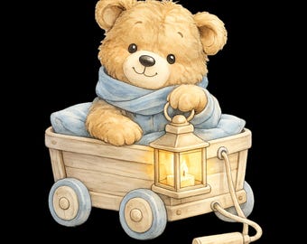 May include: A charming watercolour illustration of a teddy bear in a wooden cart, wearing a blue scarf and holding a lantern with a lit candle. The cart has blue wheels and a wooden handle. The bear has a friendly expression.
