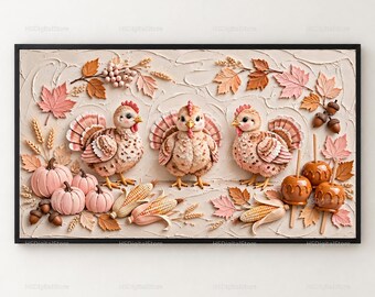 Puede incluir: Una pieza de arte mural rectangular que presenta tres pavos texturizados rodeados de elementos otoñales, incluyendo calabazas rosas, mazorcas de maíz, hojas de arce y manzanas de caramelo en palitos, sobre un fondo crema en relieve.