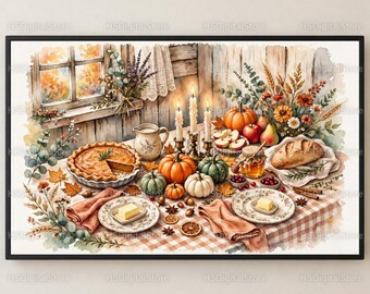 Quadro de Ação de Graças para TV, Aquarela de Mesa de Colheita com Torta de Abóbora, Download Digital em 4K