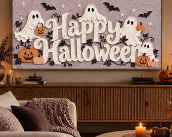 Peut inclure: Une décoration murale rectangulaire avec le texte en relief blanc Happy Halloween sur un fond violet clair texturé. Le design comprend des fantômes blancs, des citrouilles orange, des chauves-souris noires et des petites étoiles disposées.