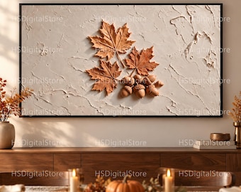 May include: A rectangular wall art piece featuring a textured off-white background with three brown maple leaves and a cluster of acorns in the center, all framed in a thin black border. The text HSDigitalStore is visible across the image.